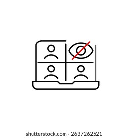 Vector icon of video conference on laptop with crossed-out eye, symbolizing hidden meeting, private call, or invisible attendance. Ideal for communication apps, remote work tools, and privacy