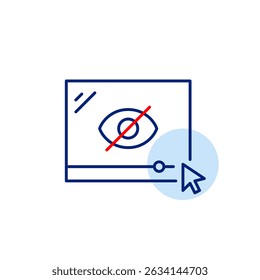 Ícone vetorial do reprodutor de vídeo com um símbolo de clique e um olho riscado, simbolizando reprodução oculta, visualização privada ou conteúdo restrito. Ideal para aplicativos de mídia, plataformas de vídeo e configurações de privacidade