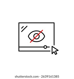 Vector icon of video player with click symbol and crossed-out eye, symbolizing hidden playback, private viewing, or restricted content. Ideal for media apps, video platforms, privacy settings