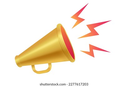 Vector icon of vintage golden megaphone for fake, breaking news or sale. Vector retro gold megaphone with lightning on white background. 
