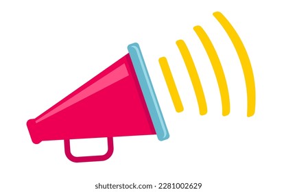 Vector icon of vintage megaphone for fake, breaking news or sale. Vector retro red megaphone with lines on white background. 
