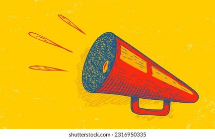 Vector icon of vintage megaphone for fake, breaking news or sale. Vector retro megaphone in doodle style on yellow background. 