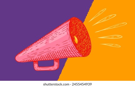 Vector icon of vintage megaphone for fake, breaking news or sale. Vector retro megaphone in doodle style on white background. 