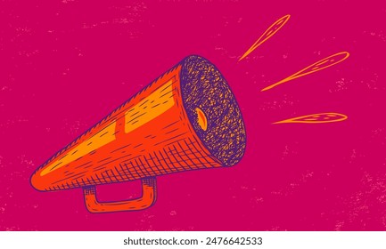 Vector icon of vintage megaphone for fake, breaking news or sale. Vector retro megaphone in doodle style on yellow background. 