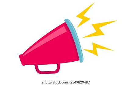 Vector icon of vintage megaphone for fake, breaking news or sale. Vector retro red megaphone with lightning on white background. 