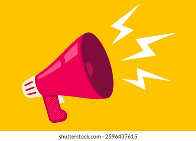 Vector icon of vintage megaphone for fake, breaking news or sale. Vector retro red megaphone with lightning on yellow background. 