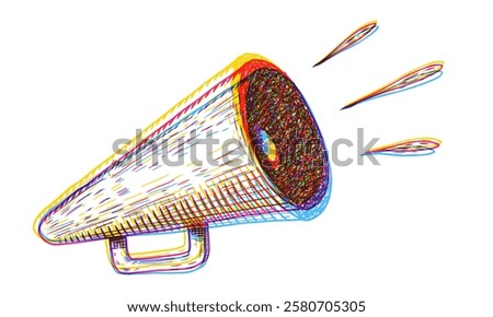 Vector icon of vintage megaphone for fake, breaking news or sale. Vector retro megaphone in glitch doodle style on white background. 