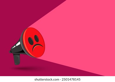 Vector icon of vintage megaphone with negative smile. Vector retro megaphone with sad emoji. Negative news.