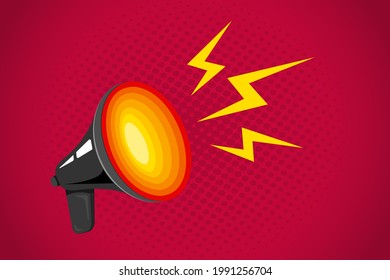 Icono vector de megáfono vintage sobre fondo abstracto para noticias de última hora o venta. Megáfono negro vector retro con agujero caliente. 