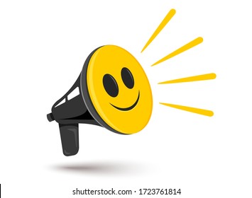 Vector icon of vintage megaphone with positive smile. Vector retro megaphone with happy emoji. Positive news.