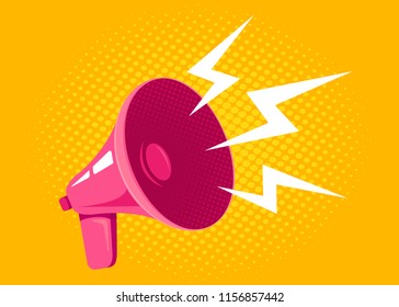 Vector icon of vintage pink megaphone. Vector retro megaphone on halftone yellow background. - Shutterstock ID 1156857442