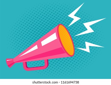 Vector icon of a vintage pink megaphone. Vector retro megaphone on halftone background. - Shutterstock ID 1161694738
