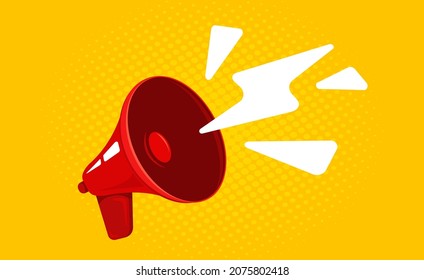 Vector icon of vintage red megaphone. Vector retro red megaphone on vintage yellow background