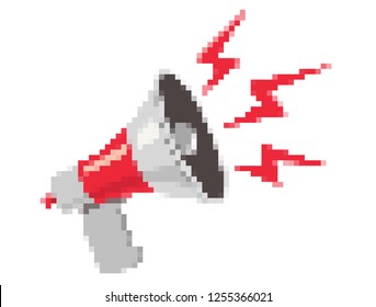 Vector icon of vintage wihte megaphone in pixel style. Vector pixel retro megaphone. Protest.