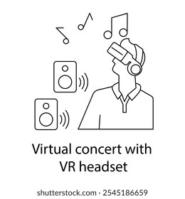 Vektorsymbol für virtuelles Konzert mit VR-Headset. Stellt einen Benutzer dar, der ein Konzert in VR genießt und immersive audiovisuelle Erfahrungen im Metaversum symbolisiert.