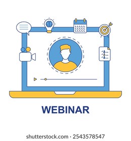 Icono de Vector para Seminario Virtual y E-Learning. Muestra una pantalla de portátil con Elementos de Imagen Video, calendario, lista de comprobación y llamadas del anfitrión del seminario web. Diseño minimalista azul limpio.