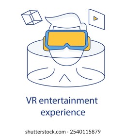 Vector icon for VR Entertainment Experience. Shows a user enjoying VR with headset and controllers, symbolizing immersive gaming or social engagement.