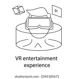 Vector icon for VR Entertainment Experience. Shows a user enjoying VR with headset and controllers, symbolizing immersive gaming or social engagement.