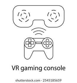 Ícone de vetor para o Console de Jogos VR. Mostra um controlador de jogos com elementos VR, simbolizando experiências imersivas em jogos no metaverso.