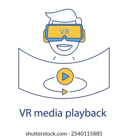 Vector icon for VR Media Playback. Depicts a user wearing a VR headset, illustrating immersive media streaming in virtual reality environments.