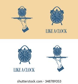 Vector icon of waiter hand with a tray and clock alarm  isolated. Simple illustration vector logo, isolated. Like a clock sign. Classic banner or label for any business. 