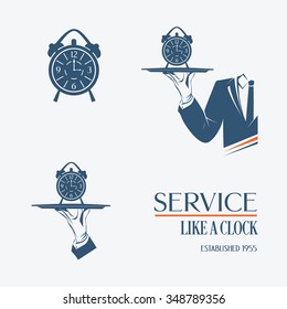 Vector icon of waiter hand with a tray and clock alarm  isolated. Simple illustration vector logo, isolated. Service like a clock sign. Classic banner or label for any business. 