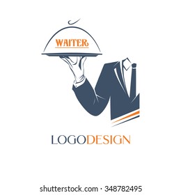 Vector icon of waiter with a tray and sign Waiter. Simple illustration vector logo, isolated. Logo design sign. Classic banner or label for restaurants, cafe and any business. 