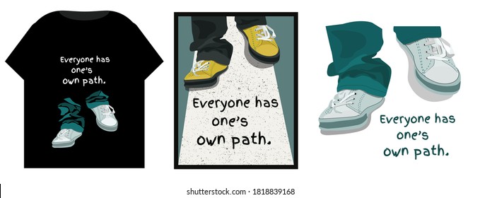 Vector icon walking feet in sneakers, slogan "Everyone has one's own path", t-shirt design concept, home decor photos.  Flat vector illustration. 