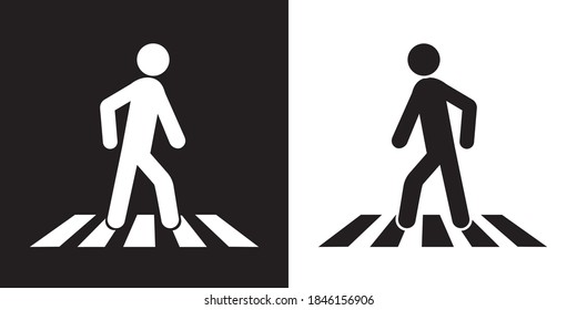 Vector icon of walking zebra. A pedestrian crosses the road at the crossing. Black and white transition signs.