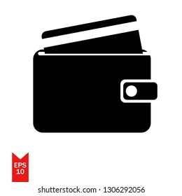 Vector icon of wallet with card. Black wallet. Payment icon. Money icon wallet. Shopping wallet. Shopping card. EPS 10.