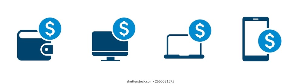 Vector icon with wallet, device with money for online payment, e-wallet, fintech.