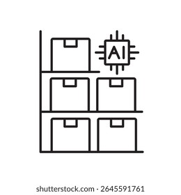 A vector icon of warehouse shelving units with an AI chip, representing a smart warehouse system, created in line style with editable stroke