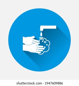 Icono vector de lavarse las manos bajo el icono del grifo sobre fondo azul. Imagen plana con sombra larga.