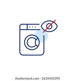 Vector icon of washing machine with crossed-out eye, symbolizing hidden laundry, private settings, or invisible appliance status. Ideal for smart home apps, appliance controls, and privacy