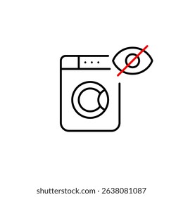 Vector icon of washing machine with crossed-out eye, symbolizing hidden laundry, private settings, or invisible appliance status. Ideal for smart home apps, appliance controls, and privacy features