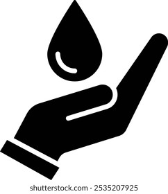 Ícone de vetor de Conservação da Água. Uma mão segurando uma gota de água simbolizando a importância de economizar água. Ideal para campanhas ambientais que promovem o uso sustentável da água.