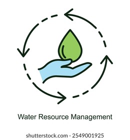 Vector icon for Water Resource Management with Drop and Circular Arrows. Represents sustainable water use, recycling, and conservation practices for efficient resource management.