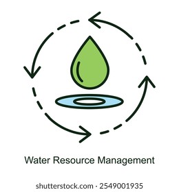 Icono de Vector para la Gestión de Recursos Hídricos con Flechas Circulares y Gota. Representa el uso sostenible del agua, el reciclaje y las prácticas de conservación para una gestión eficiente de los recursos.