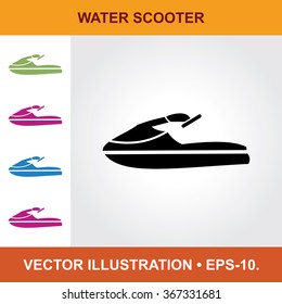 Vector Icon Of Water Scooter With Title & Small Multicolored Icons. Eps-10.