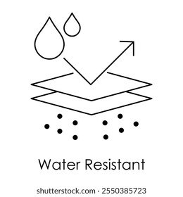 Ícone de vetor para material resistente à água. Mostra uma estrutura em camadas com gotas de água simbolizando durabilidade e proteção contra umidade.