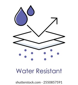 Vector icon for water-resistant material. Shows a layered structure with water droplets symbolizing durability and protection from moisture.