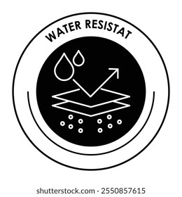 Vector icon for water-resistant material. Shows a layered structure with water droplets symbolizing durability and protection from moisture.