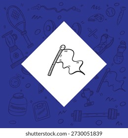 Icono de Vector de una bandera ondeando que representa una línea de meta o meta. Situado en un fondo azul con sutiles patrones de fitness doodle. Ideal para hitos deportivos y conceptos de éxito.