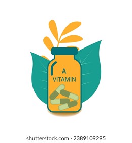 Vector icon for web, jar with vitamin A capsules. Transparent glass bottle with pills. There are leaves and a twig in the background. Bright rich colors