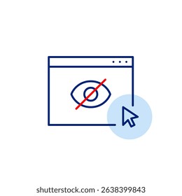 Vector icon of web page with mouse click and crossed-out eye, symbolizing hidden interaction, private browsing, or invisible user actions. Ideal for web apps, privacy tools, and analytics