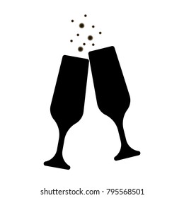 Vector icon for websites and mobile. Wedding toast, wine glasses. Silhouette glasses champagne with bubbles for illustration of alcoholic drinks, sparkling wine and celebration. Symbol romantic.