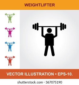 Vector Icon Of Weightlifter With Title & Small Multicolored Icons. Eps-10.