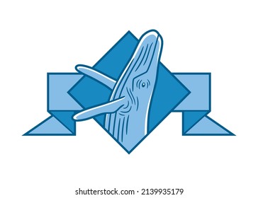 Vector icon of a whale framed in a diamond shape over a ribbon, in blue tones, to use as a logo or graphic element.