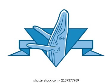 Vector icon of a whale framed in a triangular shape over a ribbon, in blue tones, to use as a logo or graphic element.