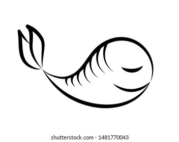 Vector icon with a whale that is smiling. Outline drawing with a cute ocean dweller. Design element. Happy whale with tail raised.